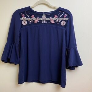 Navy Embroidered Floral Boho Blouse Flutter Sleeve Romantic Cottagecore Size M